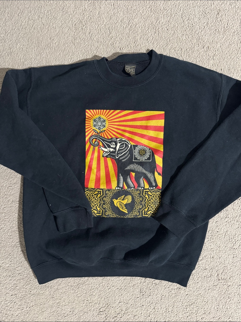 Obey Black Crewneck Sweatshirt with Red & Yellow Elephant Graphic